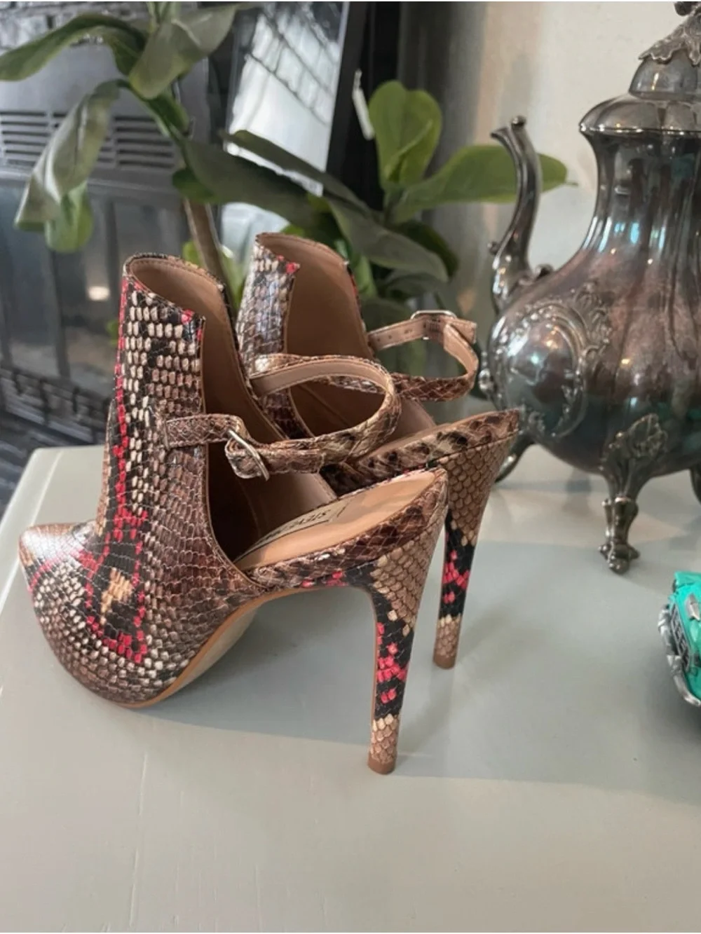 Steve Madden Brown & Red Snake-Print Pointed Slingback Heels